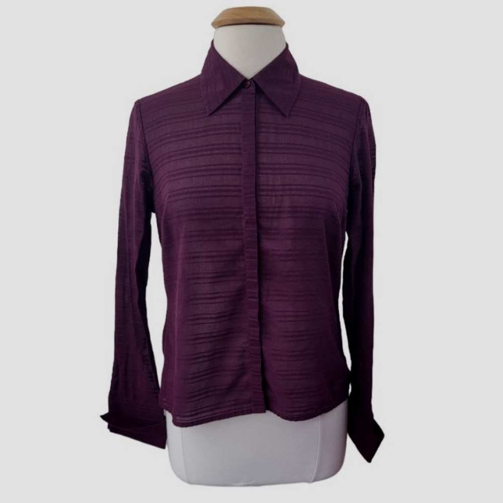 Geoffrey Beene Wine Burgundy Eggplant Plum Long Sleeve Button Top Sz 8 Cotton